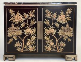 CABINET, lacquered two door with gilt Chinoiserie painted decoration enclosing shelves by 'Restall