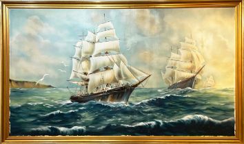 MANNER OF MONTAGUE DAWSON (British 1890-1973), 'Clippers off the Coast', oil on canvas, signed '