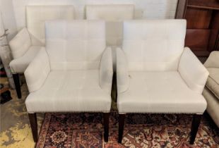 DINING CHAIRS, 87cm H, white fabric upholstered, studded detail. (4)