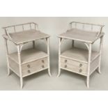 FAUX BAMBOO BEDSIDE CHESTS, a pair, grey painted each with gallery, and two drawers, 52cm x 46cm D x