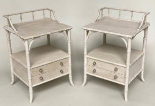 FAUX BAMBOO BEDSIDE CHESTS, a pair, grey painted each with gallery, and two drawers, 52cm x 46cm D x