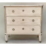 COMMODE, Gustavian style traditionally grey painted with silvered mounts and three long drawers,