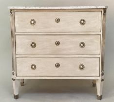 COMMODE, Gustavian style traditionally grey painted with silvered mounts and three long drawers,