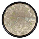 AFTER THE EARLY 20TH CENTURY, 'Map of London and 175 Environs' lithograph, 104cm D, framed.