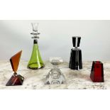 GLASS PERFUME BOTTLES, three, one black and clear shaped glass candlestick, 28cm H, a 925 silver cap