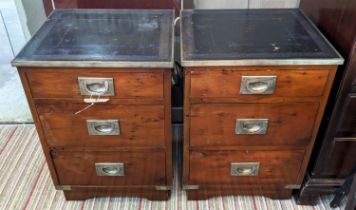 MILITARY STYLE CHESTS, a pair, each 41cm W x 37cm D x 58cm H, with leather tops and brass recessed