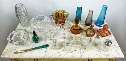 COLLECTING OF VARIOUS GLASS WARE, including Murano bottles and vases amber glass bottles, silver