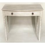 FAUX BAMBOO WRITING TABLE, 19th century grey painted, bowed outlined, silvered metal with frieze