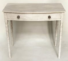 FAUX BAMBOO WRITING TABLE, 19th century grey painted, bowed outlined, silvered metal with frieze