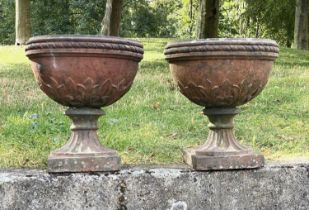 TERRACE URNS, a pair, 39cm W x 42cm H, 19th century, weathered terracotta, of Classical urn form,