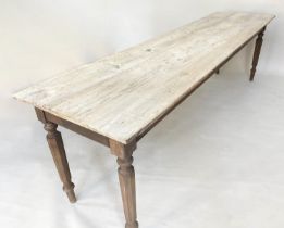 HARVEST TABLE, 19th century English pine, two plank top raised upon facetted and turned supports,