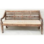 BENCH, antique Anglo Colonial style teak with lattice back, down swept arms and later buttoned
