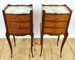 TABLES DE NUIT, a pair, each 33cm w x 74cm H, Transitional style mahogany and tulipwood with