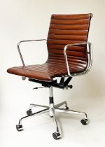 REVOLVING DESK CHAIR, Charles and Ray Eames inspired with ribbed tan leather on an adjustable base