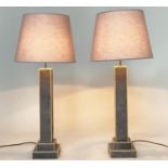 TABLE LAMPS, a pair, faux shagreen and contrast trim each with square section column and stepped