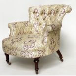 ARMCHAIR, Victorian walnut with gothic tracery silk twill upholstery with arch deep buttoned back,