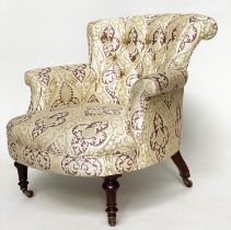 ARMCHAIR, Victorian walnut with gothic tracery silk twill upholstery with arch deep buttoned back,