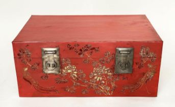 TRUNK, 82cm W x 55cm D x 35cm H, early 20th century Chinese Export, scarlet lacquered and gilt