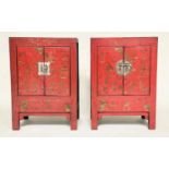 CHINESE SIDE CABINETS, a pair, early 20th century scarlet lacquered, gilt Chinoiserie decorated