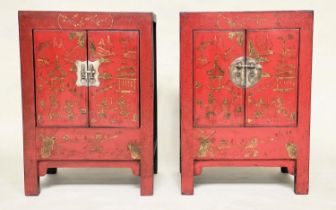 CHINESE SIDE CABINETS, a pair, early 20th century scarlet lacquered, gilt Chinoiserie decorated