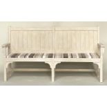 COUNTRY HOUSE BENCH, 189cm W, French style, grey painted, with striped seat cushions and arms.
