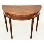 CARD TABLE, George III Irish mahogany and tulipwood demi lune foldover with paterae inlaid frieze