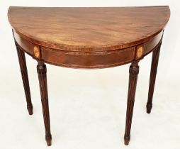 CARD TABLE, George III Irish mahogany and tulipwood demi lune foldover with paterae inlaid frieze