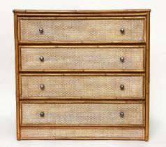 BAMBOO CHEST, 94cm W x 45cm D x 91cm H, bamboo framed and cane panelled, with four long drawers.