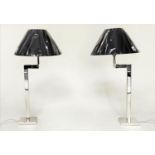 PORTA ROMANA DESK LAMPS, a pair, nickel plated with double hinged swing action and circular base,