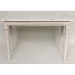 CONSOLE TABLE, Regency style grey painted with reeded frieze and turned tapering supports, 123cm W x