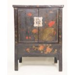 CHINESE SIDE CABINET, 19th century Chinese lacquered and polychrome Chinoiserie painted with two