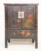 CHINESE SIDE CABINET, 19th century Chinese lacquered and polychrome Chinoiserie painted with two