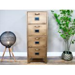 TALL CABINET, industrial style design, gilt metal, 4 sections with drop down fronts, 120cm x 45cm