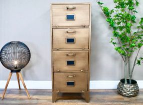 TALL CABINET, industrial style design, gilt metal, 4 sections with drop down fronts, 120cm x 45cm