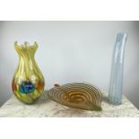 MURANO 1960'S CENTREPIECE IN THE FORM OF A LEAF, yellow and green, a Murano vase elongated and a