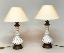 TABLE LAMPS, a pair, 65cm H, baluster form vase shaped and trellis decorated with gilt metal