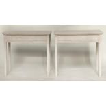 CONSOLE TABLES, a pair, Regency style grey painted each with fluted frieze and square support,