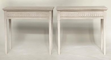 CONSOLE TABLES, a pair, Regency style grey painted each with fluted frieze and square support,