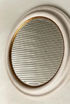 WALL MIRROR, circular beveled within a deep grey frame with gilt slip, 91cm W.