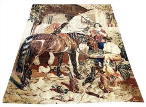 WOOLWORK TAPESTRY, depicting a stable scene, 243cm x 210cm.