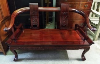 CHINESE BENCH, 136cm W x 54cm D x 78cm H, rosewood with carved details and curved arms.