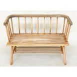 HALL BENCH, 1970s fruitwood with enclosing rail back and panel seat, 94cm W.