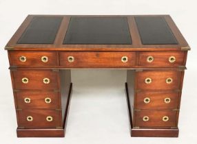 CAMPAIGN STYLE DESK, mahogany and brass bound with leather writing surface and nine drawers, 123cm x