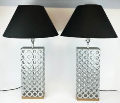TABLE LAMPS, a pair, 86cm H, metal ring design, with black shades. (2)