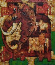 CONTEMPORARY SCHOOL, Elephants, acrylic on canvas, 99.5cm x 119cm.