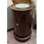 CYLINDRICAL POT CUPBOARD, 39cm W x 77cm H, Victorian mahogany with door and white marble top.