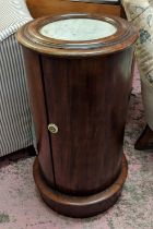 CYLINDRICAL POT CUPBOARD, 39cm W x 77cm H, Victorian mahogany with door and white marble top.