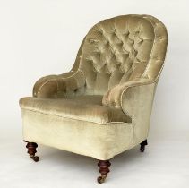 TUB ARMCHAIR, 69cm W, Victorian mahogany, with velvet buttoned upholstery, with scroll arms, on