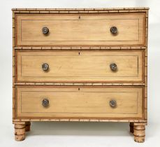 FAUX BAMBOO CHEST, English 19th century of shallow proportions with three long drawers and turned