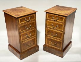 BEDSIDE CHESTS, a pair, George III style burr walnut and crossbanded each with four drawers, 40cm